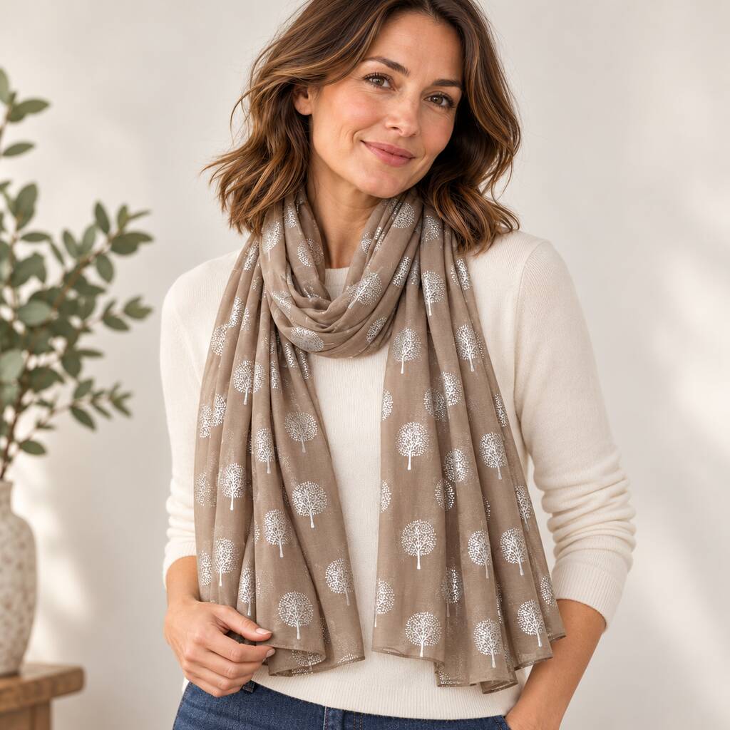 Metallic Silver Tree Of Life Cotton Blend Scarf