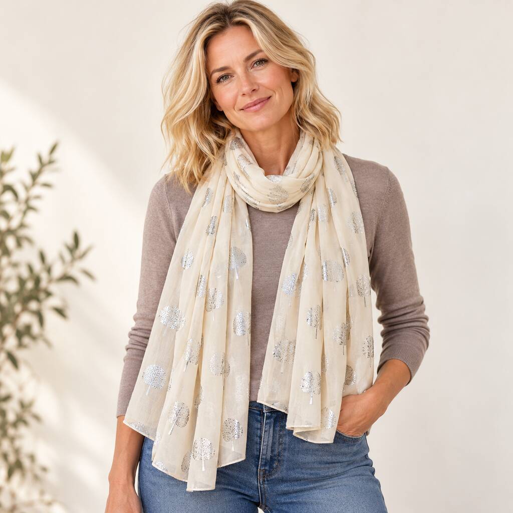 Metallic Silver Tree Of Life Cotton Blend Scarf