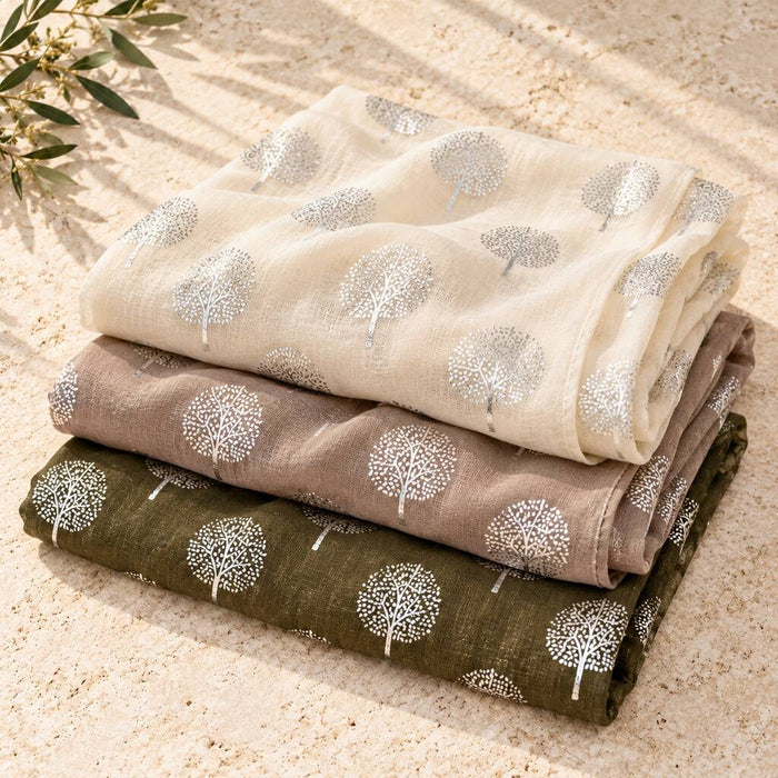 Metallic Silver Tree Of Life Cotton Blend Scarf