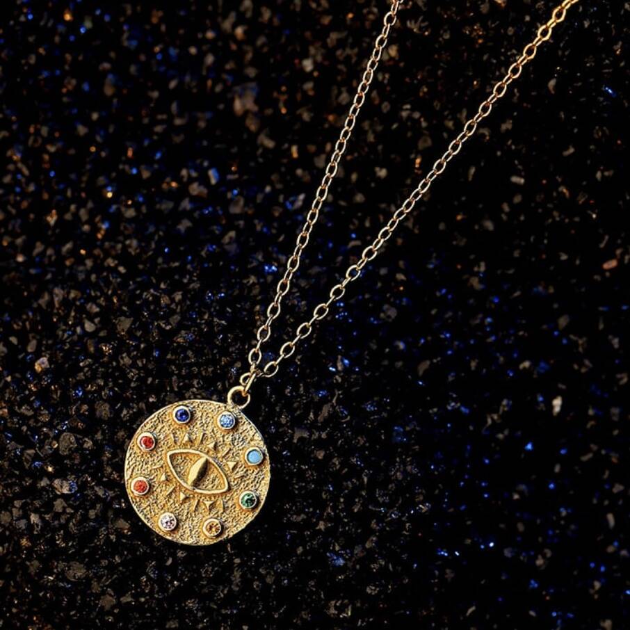 Gold Plated Evil Eye Circular Pendant Necklace