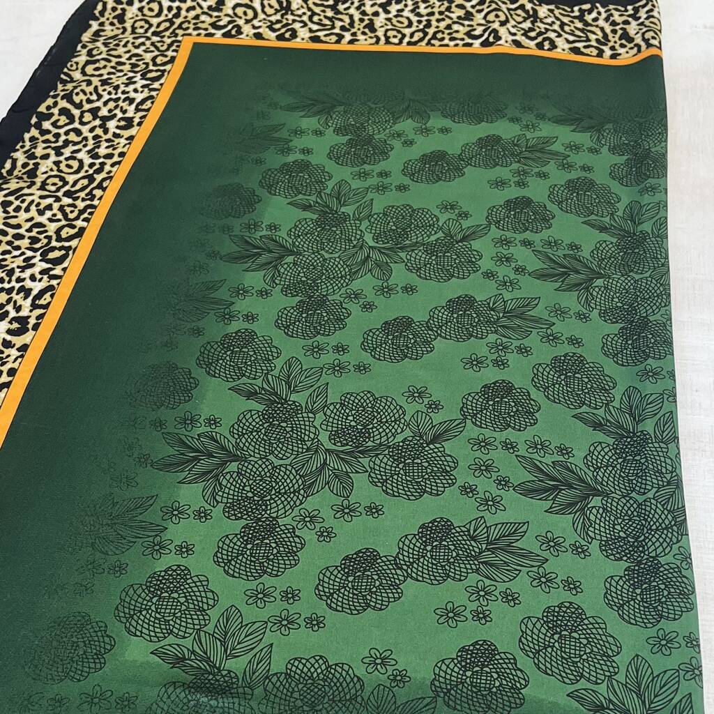 Floral Green Leopard Print Border Silk Scarf