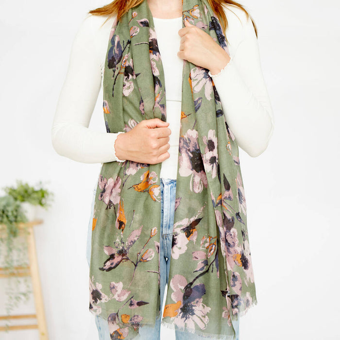 Khaki Spring Flowers Print Scarf