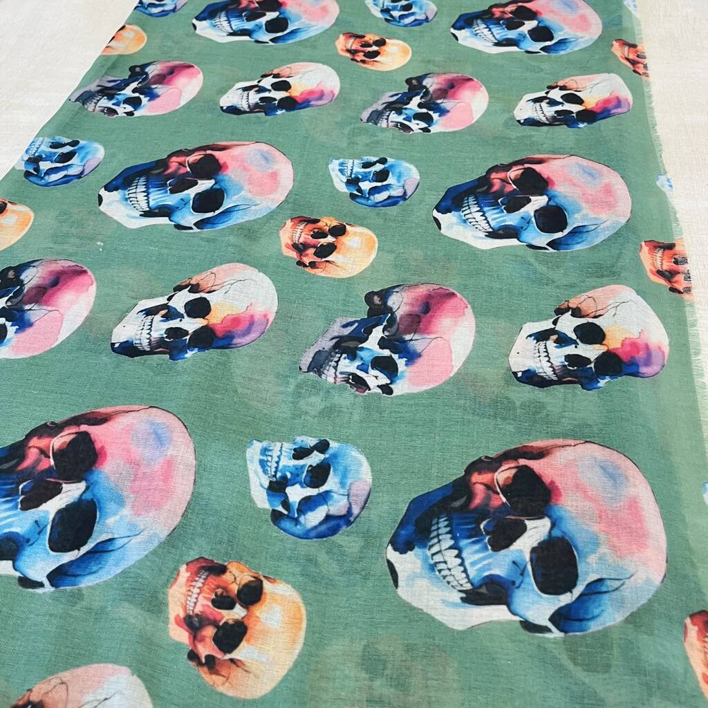 Khaki Green Colourful Skull Print Scarf