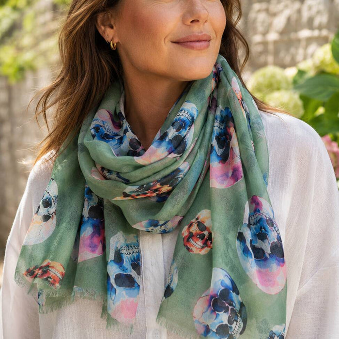 Khaki Green Colourful Skull Print Scarf