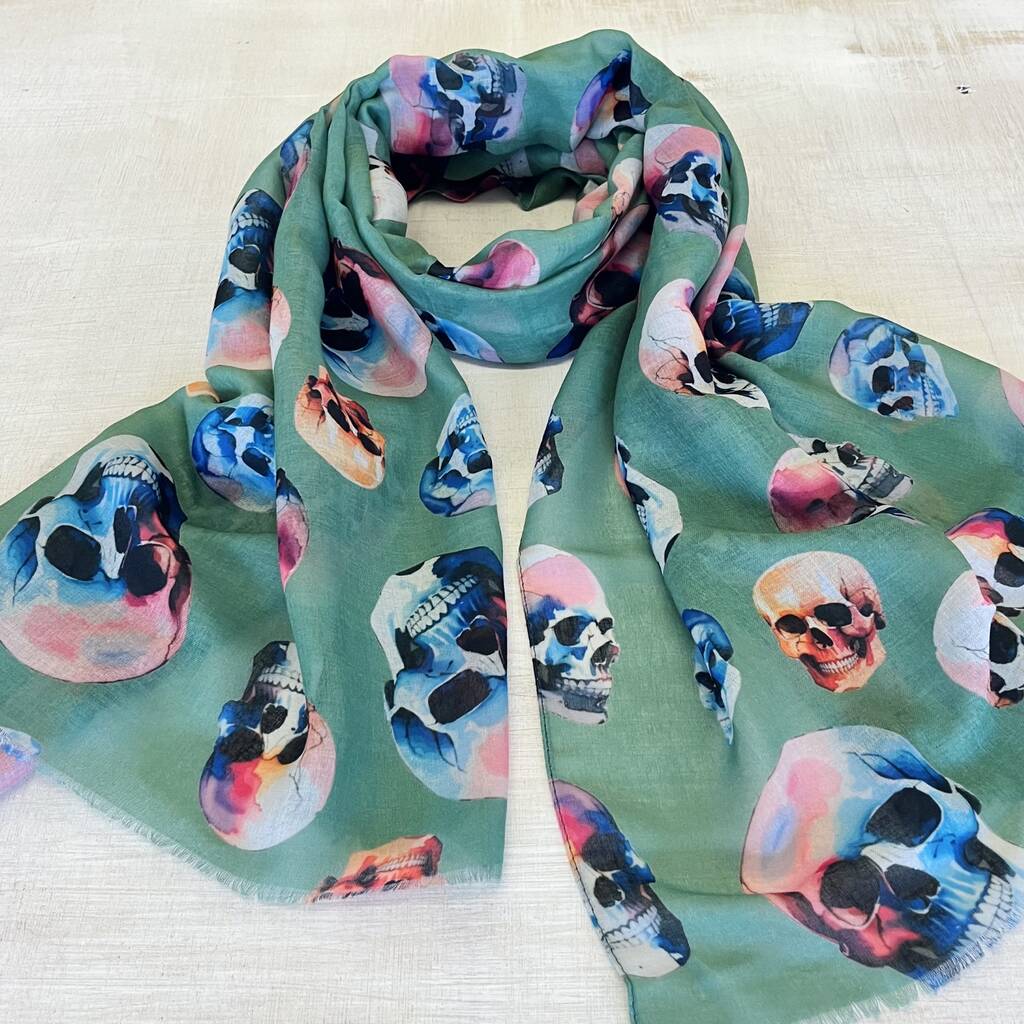 Khaki Green Colourful Skull Print Scarf