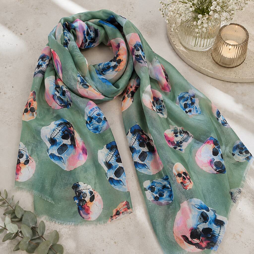Khaki Green Colourful Skull Print Scarf