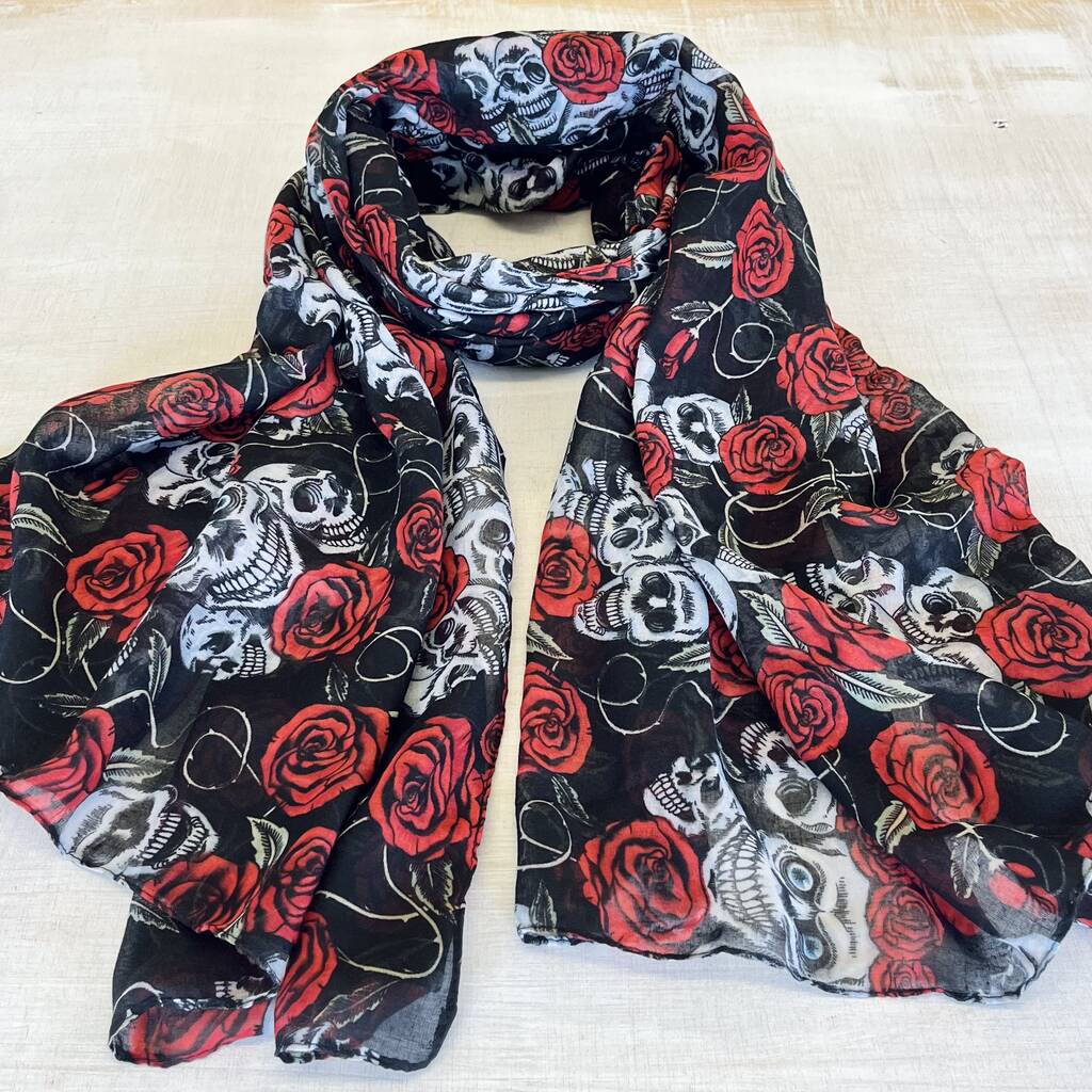 Black And Red Skulls And Roses Scarf