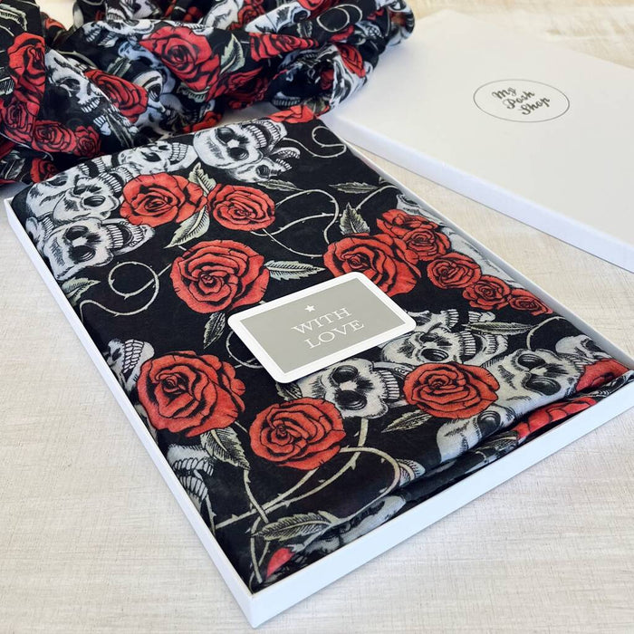 Black And Red Skulls And Roses Scarf