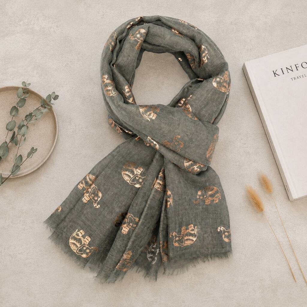 Metallic Gold Elephant Print Scarf