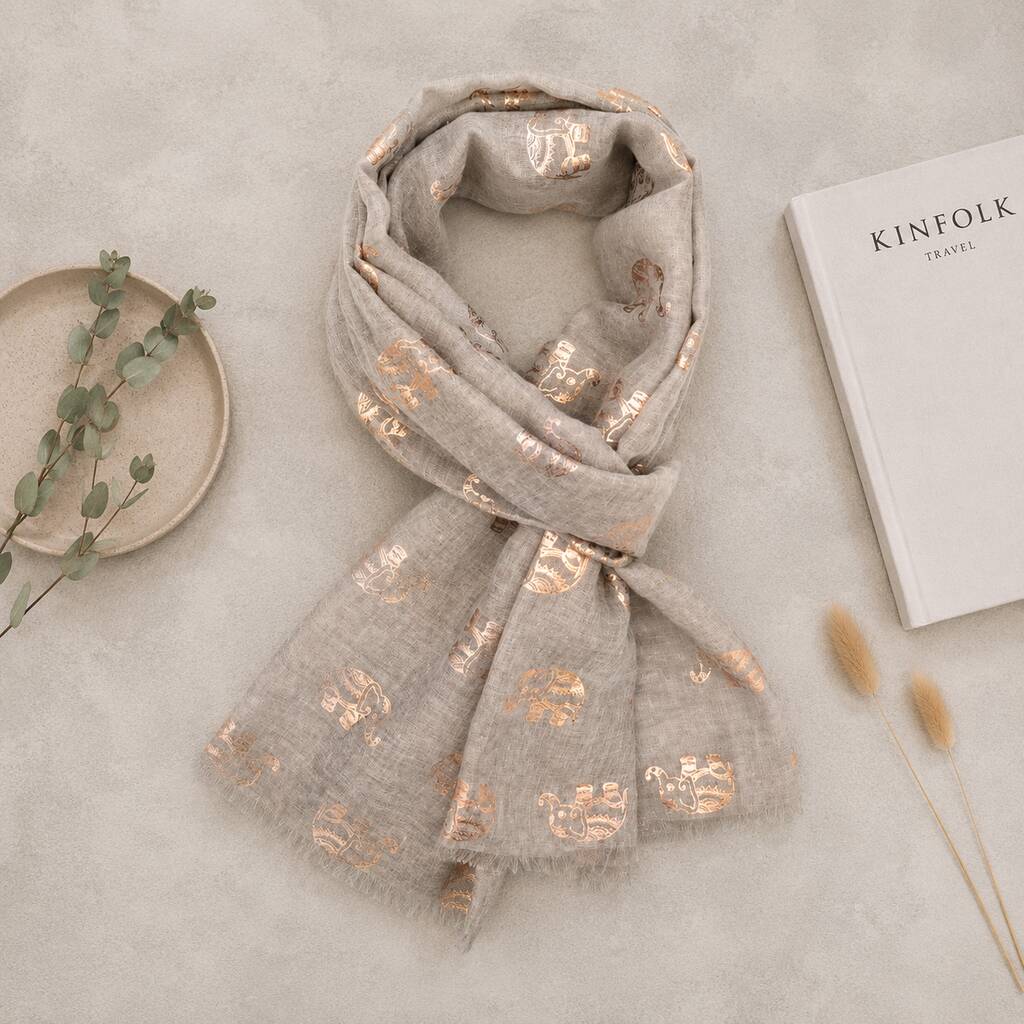 Metallic Gold Elephant Print Scarf