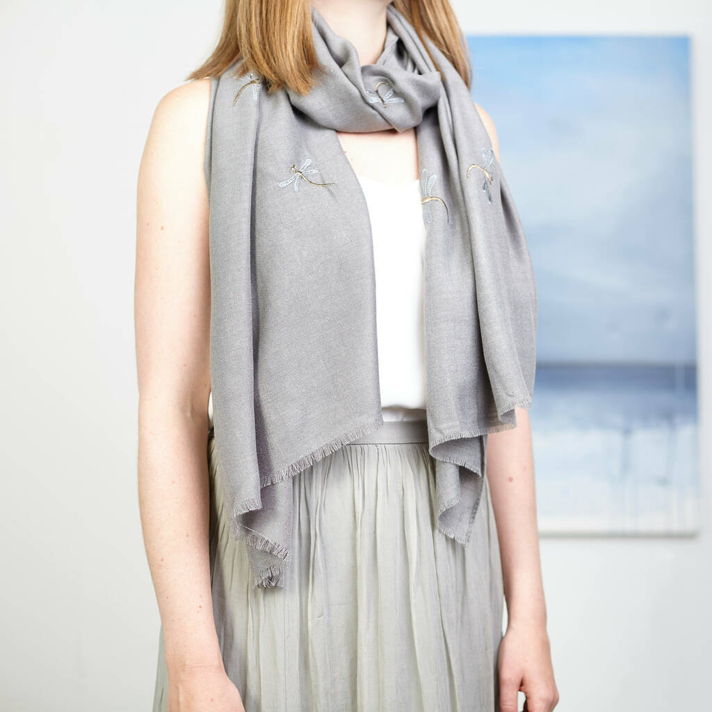 Embroidered Dragonfly Scarf And Brooch Set