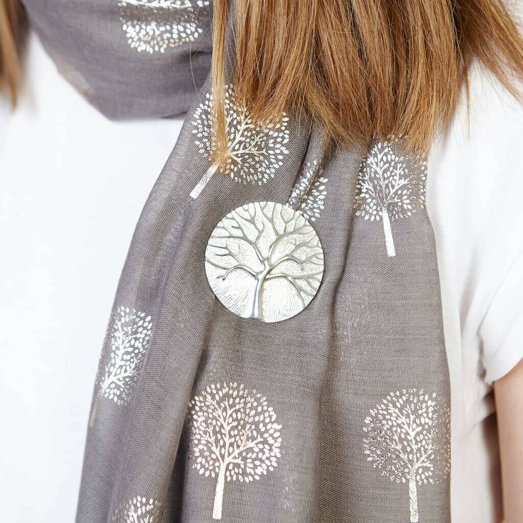 Metallic Tree Of Life Scarf And Magnetic Brooch Set