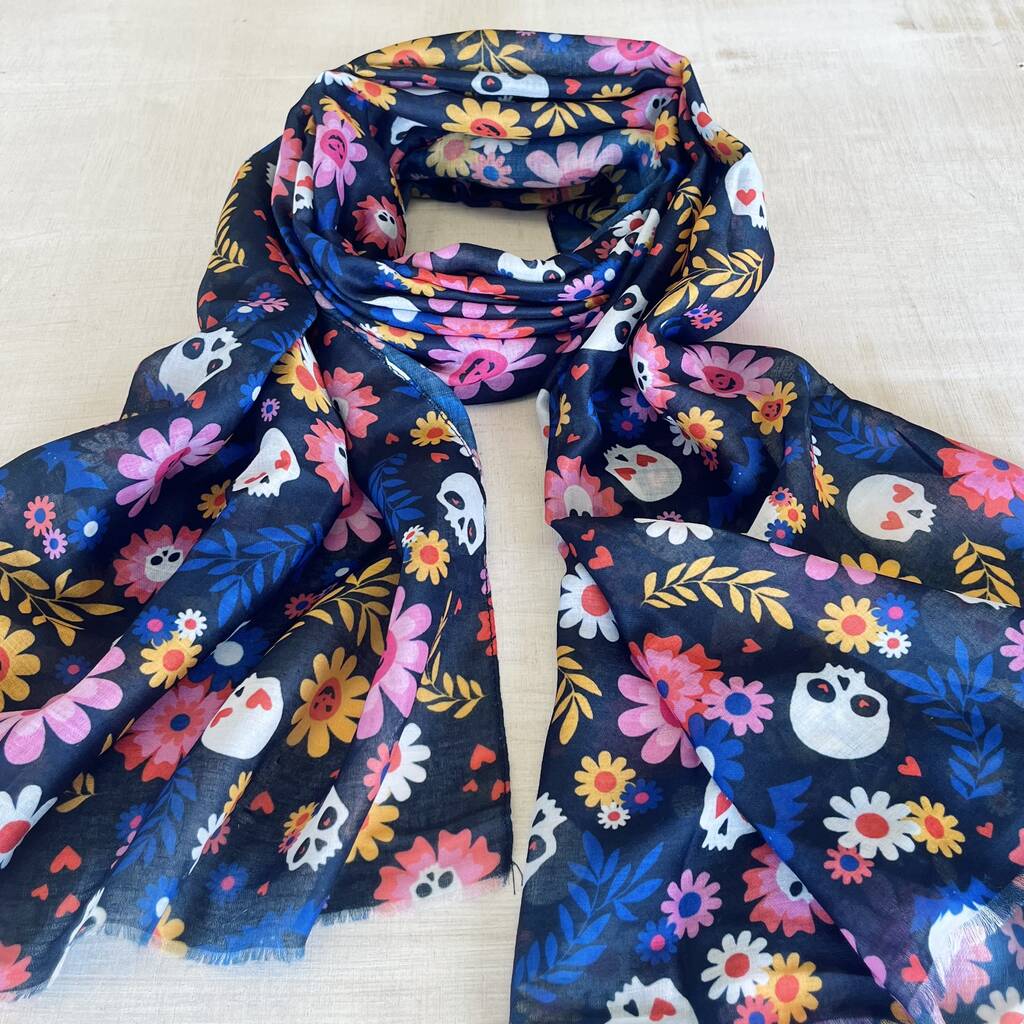 Navy Retro Skulls And Flowers Scarf