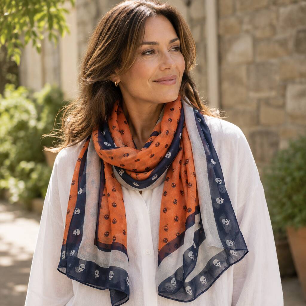 Orange And Navy Skull Print Scarf
