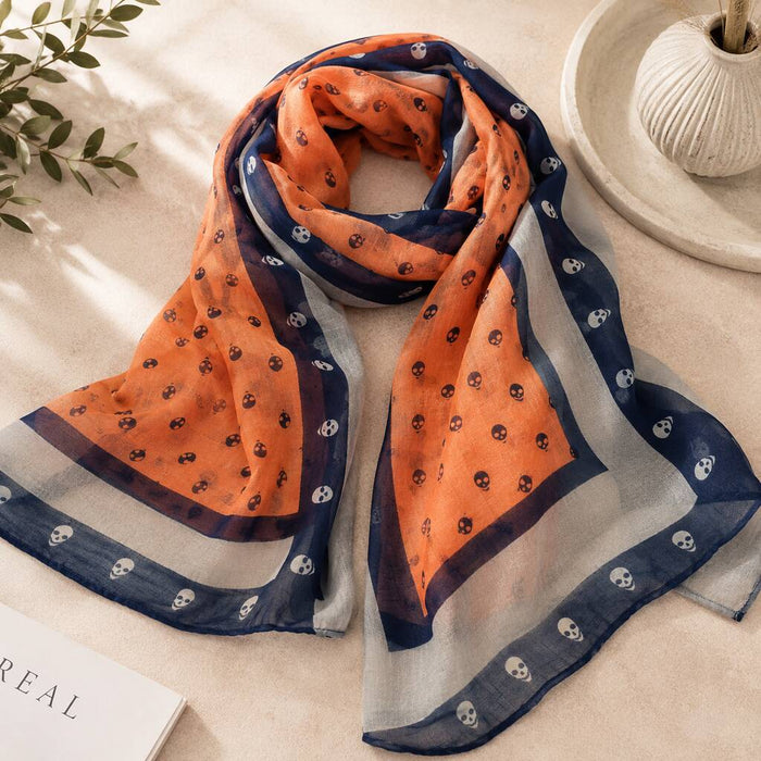 Orange And Navy Skull Print Scarf