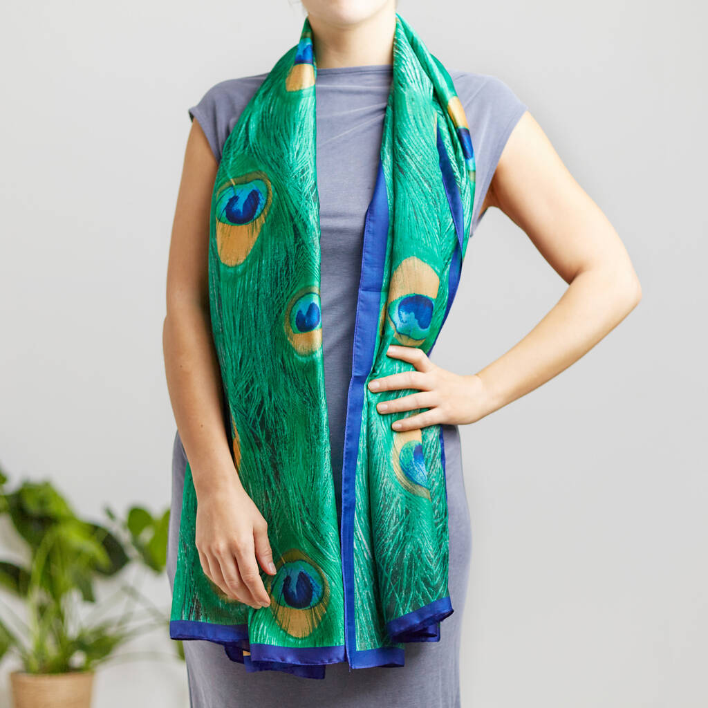 Peacock Feather Print Silk Blend Scarf