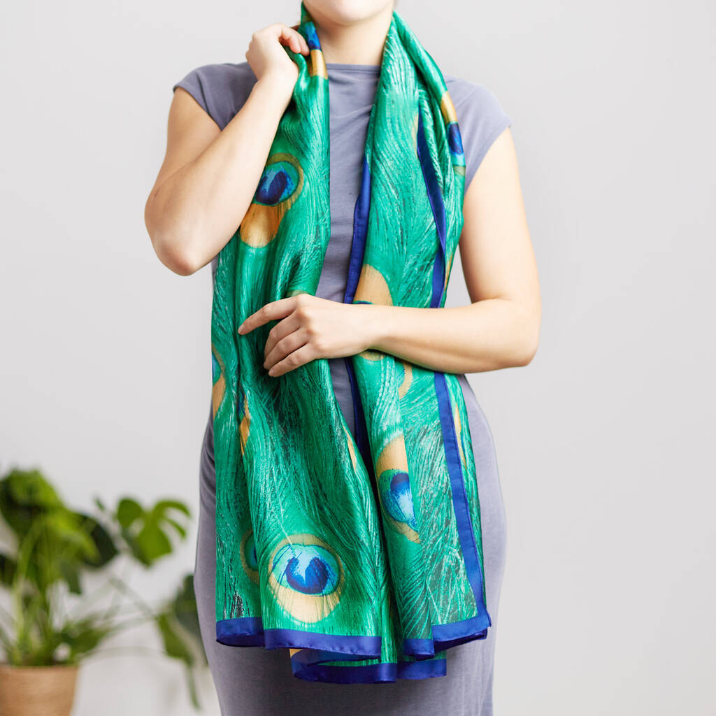Peacock Feather Print Silk Blend Scarf