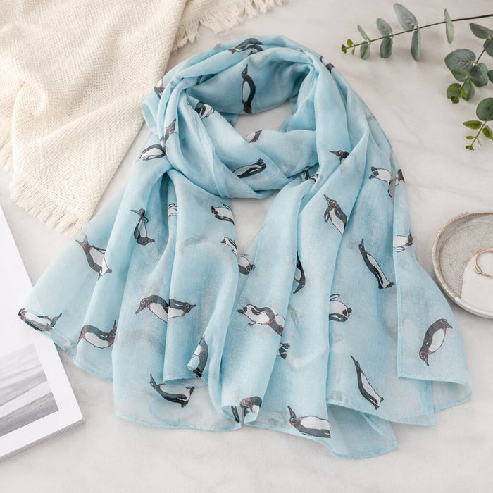 Sky Blue Penguin Print Scarf