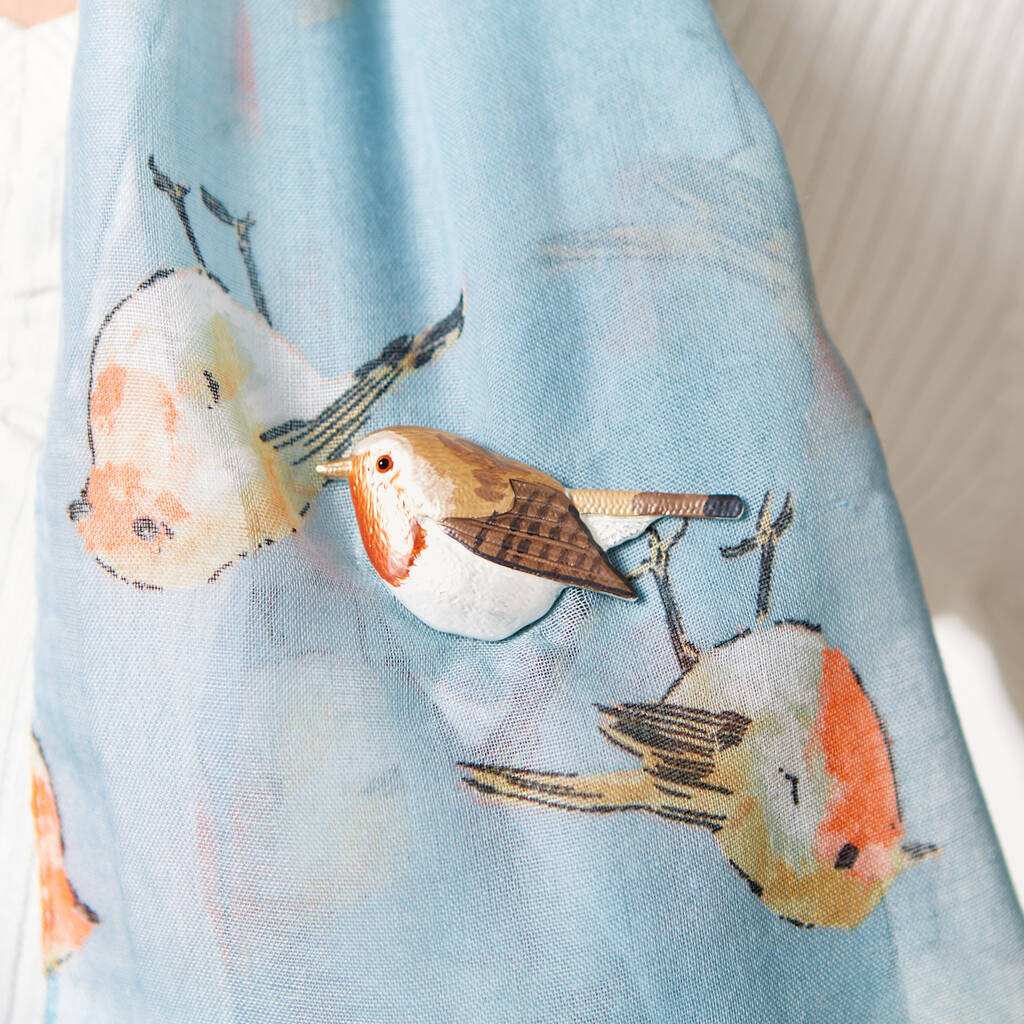 Robin Sketch Print Scarf And Magnetic Brooch Set