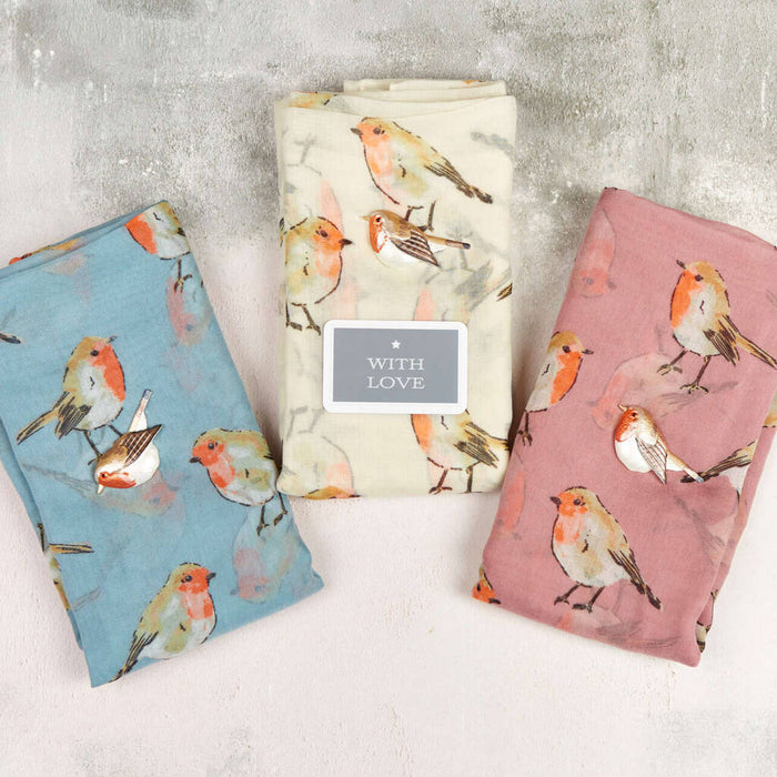 Robin Sketch Print Scarf And Magnetic Brooch Set
