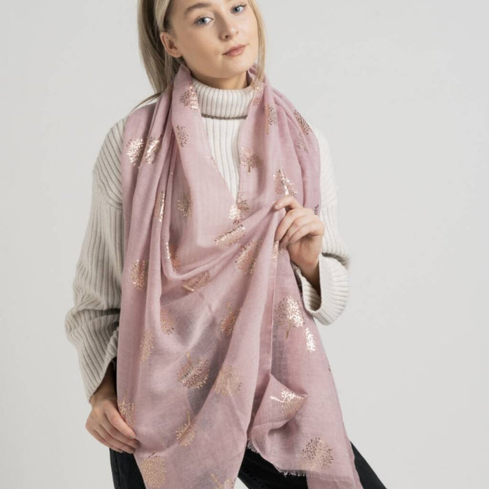Dusky Pink Metallic Gold Mulberry Tree Of Life Scarf
