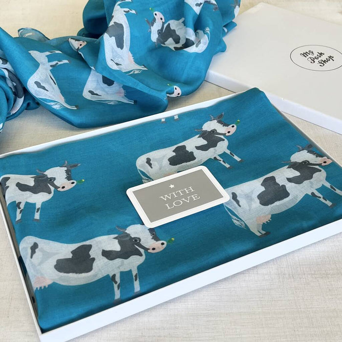 Turquoise Dairy Cow Print Scarf