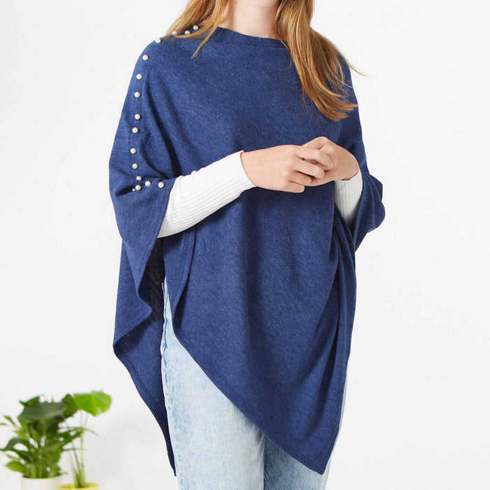 Wool Knit Poncho With Pearls