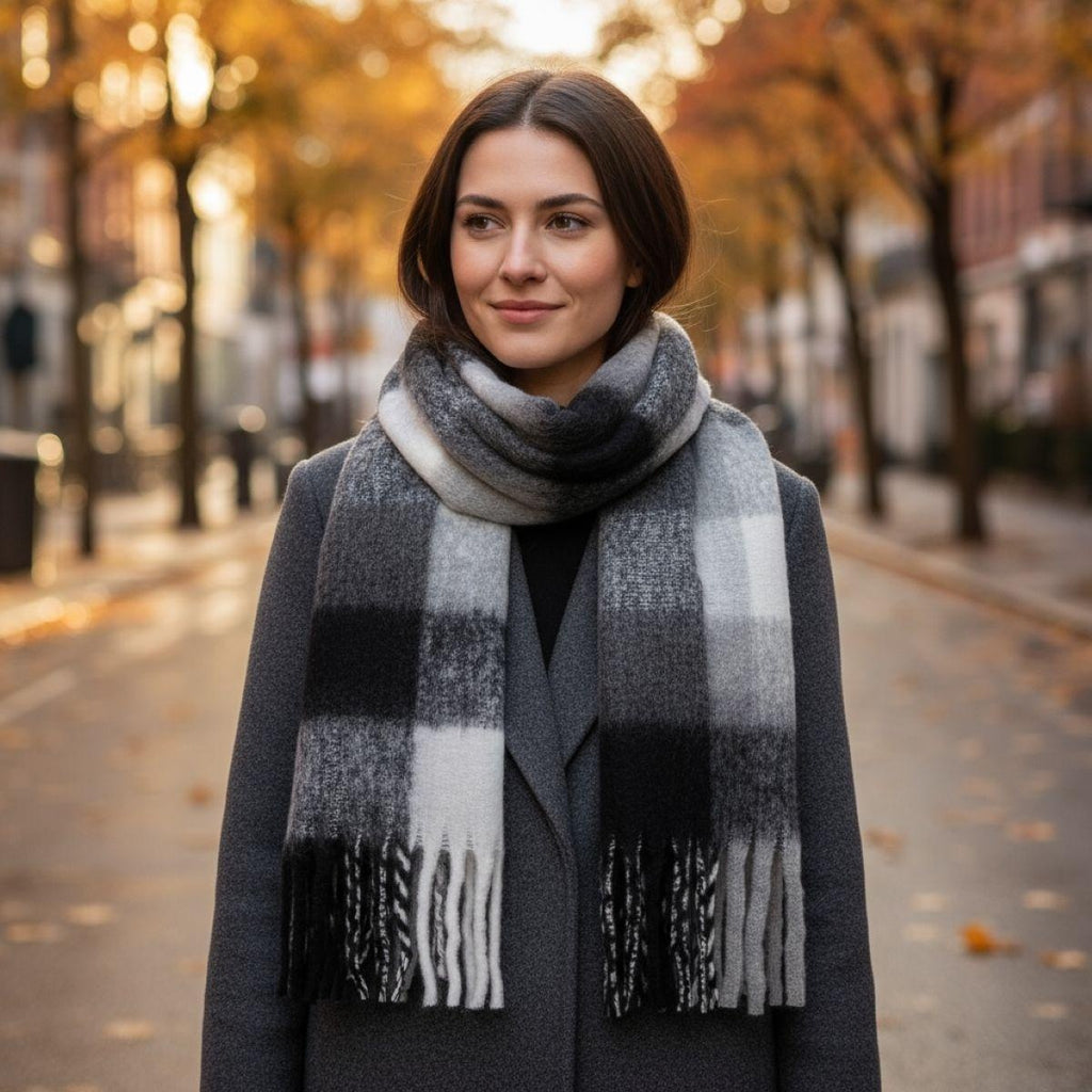 Soft Check Print Wool Blend Scarf