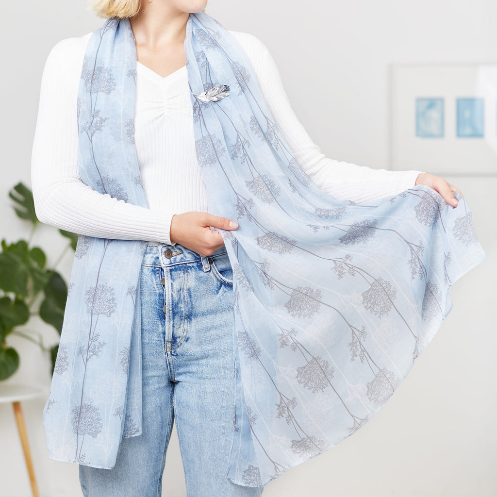 Forest Tree Print Scarf And Magnetic Leaf Brooch