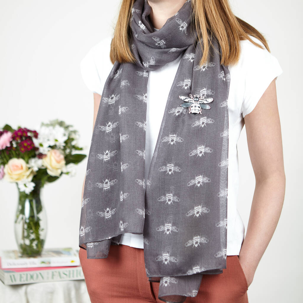 Bee Print Scarf And Grey Magnetic Bee Brooch