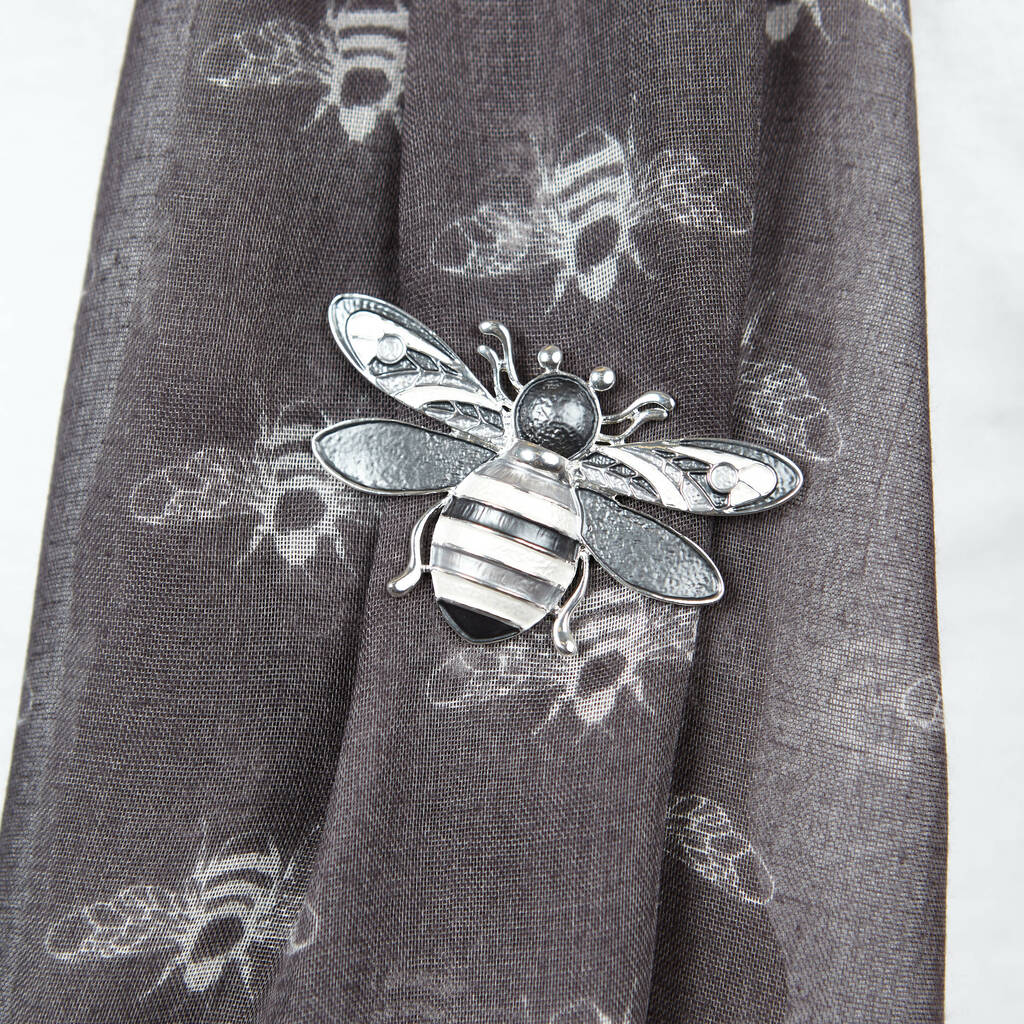 Bee Print Scarf And Grey Magnetic Bee Brooch