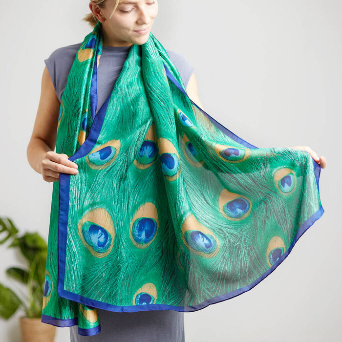 Peacock Feather Print Silk Scarf